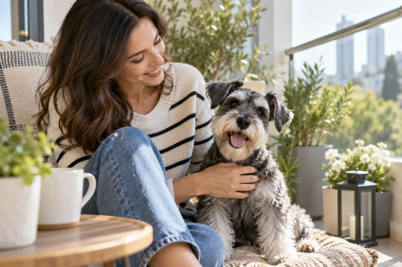Owner sitting beside a gray bearded Schnauzer-like dog at home