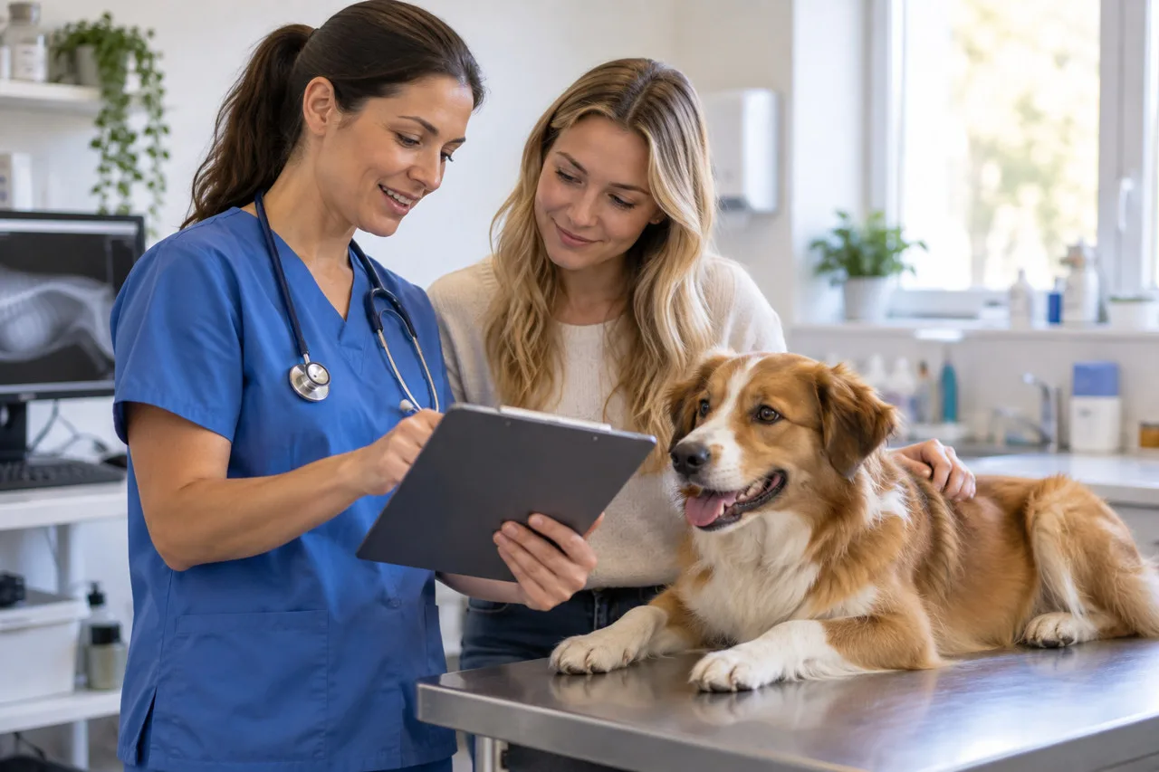 Veterinarian discussing a tablet with a dog owner at the examination table